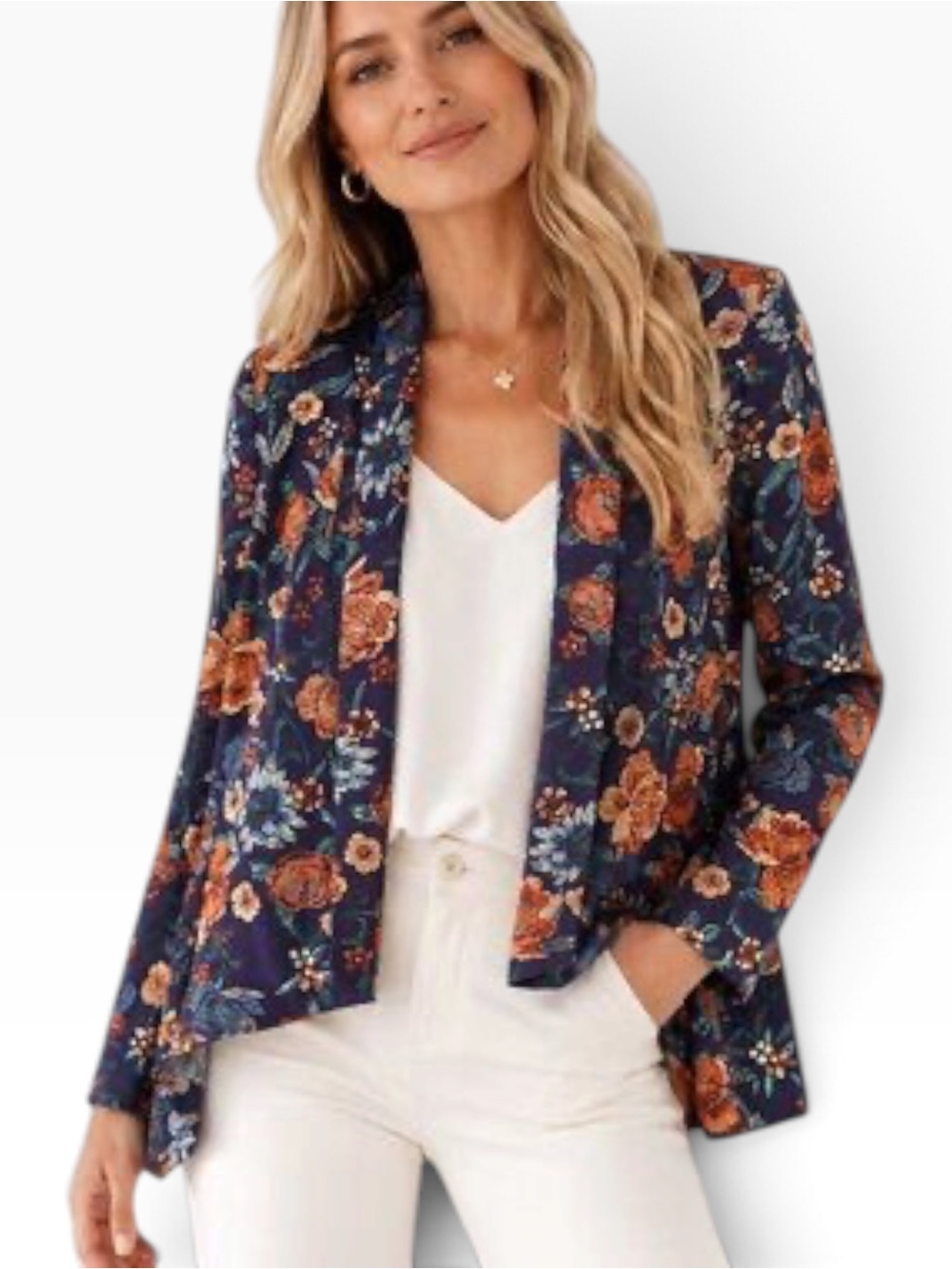 Mango Navy Floral Open-Front Blazer
